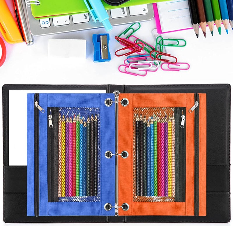 Cinvo Pencil Pouch 3 Ring Binder Pouch Zippered Pencil Case Canvas Pencil Bag with 2 Compartments (Set of 2, Blue and Orange) - Image 5